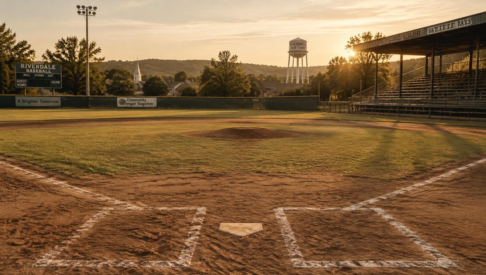 Sunlit small-town baseball diamond at golden hour